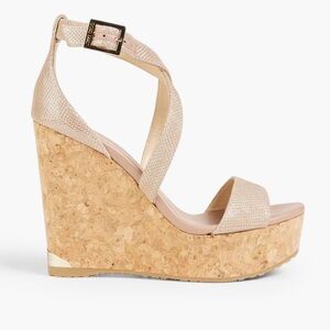 Jimmy Choo Portia 120 Rose Gold/Blush Platform Cork Wedge. Gold Hardware. 6.5.